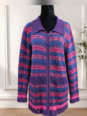 Vintage Christopher & Banks Hand Crochet Zip Cardigan Sweater L Fair Isle